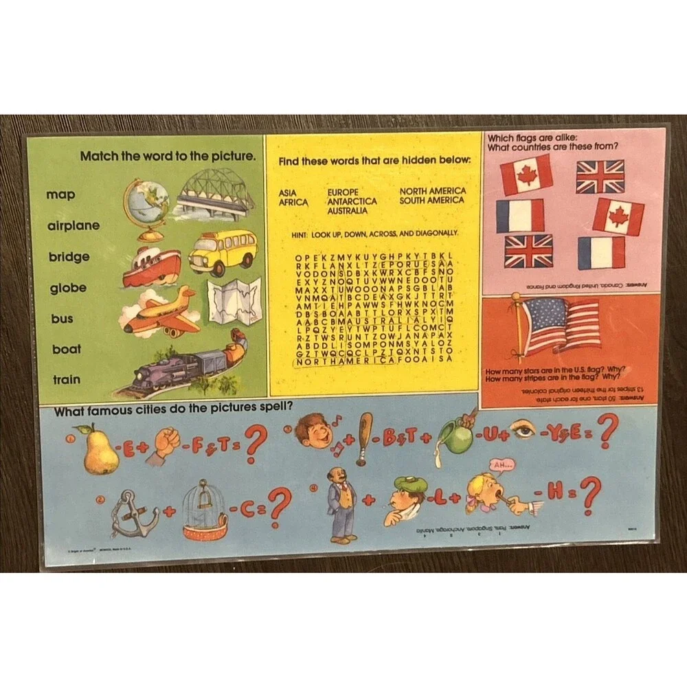 Rand McNally Laminated 1993 World Map Atlas Placemat 2 sided kids puzzle games